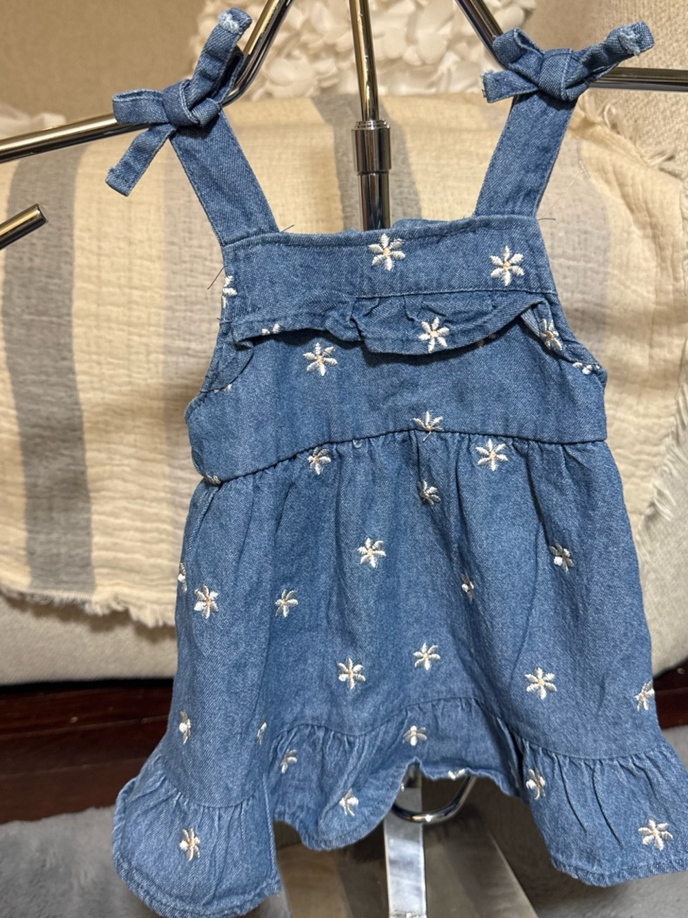 Nicole Miller Blue Denim Floral Embroidered Romper